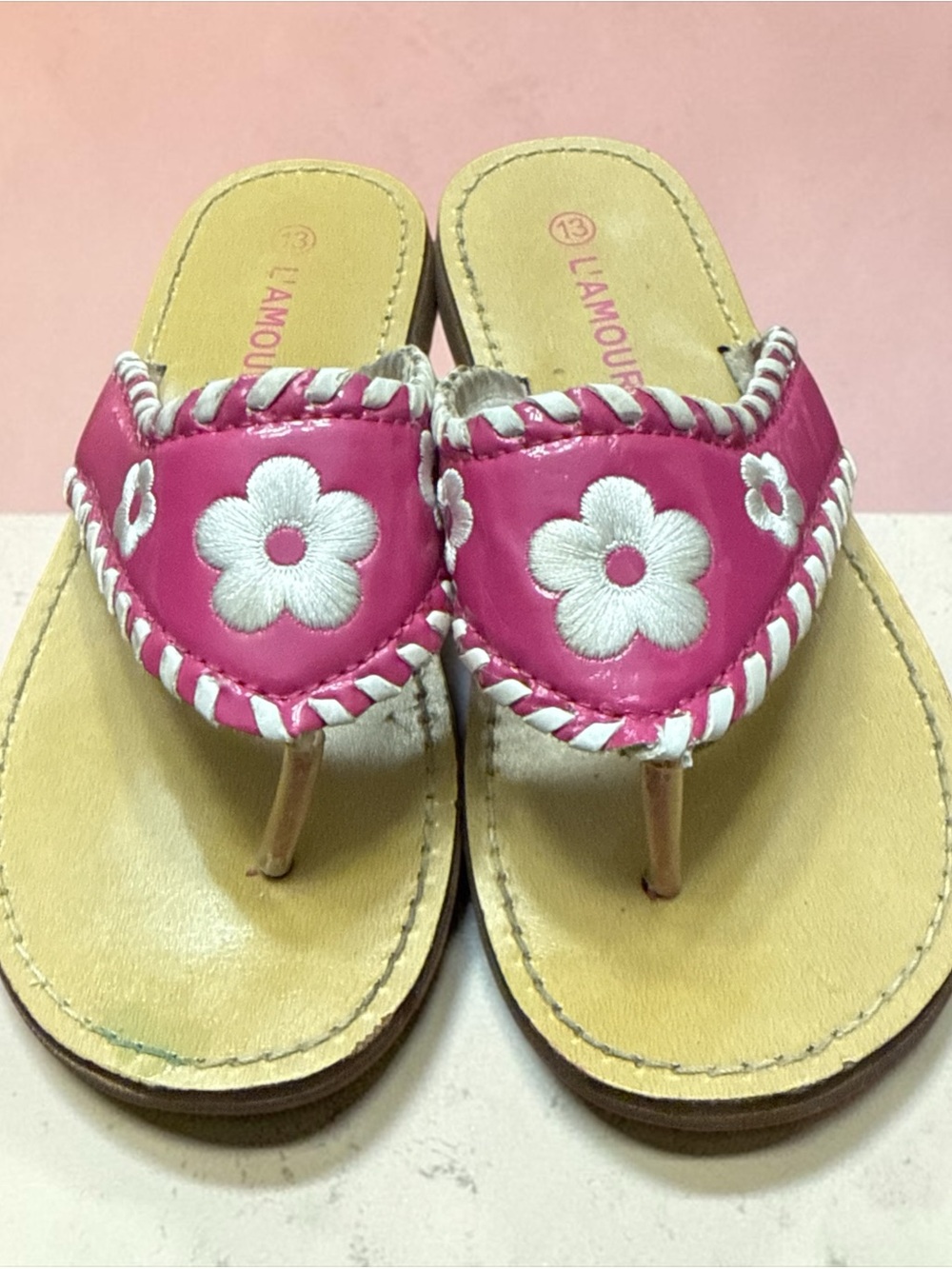 L'Amour Girls Pink Leather Whipstitch Floral Sandals Resort Preppy Size 13